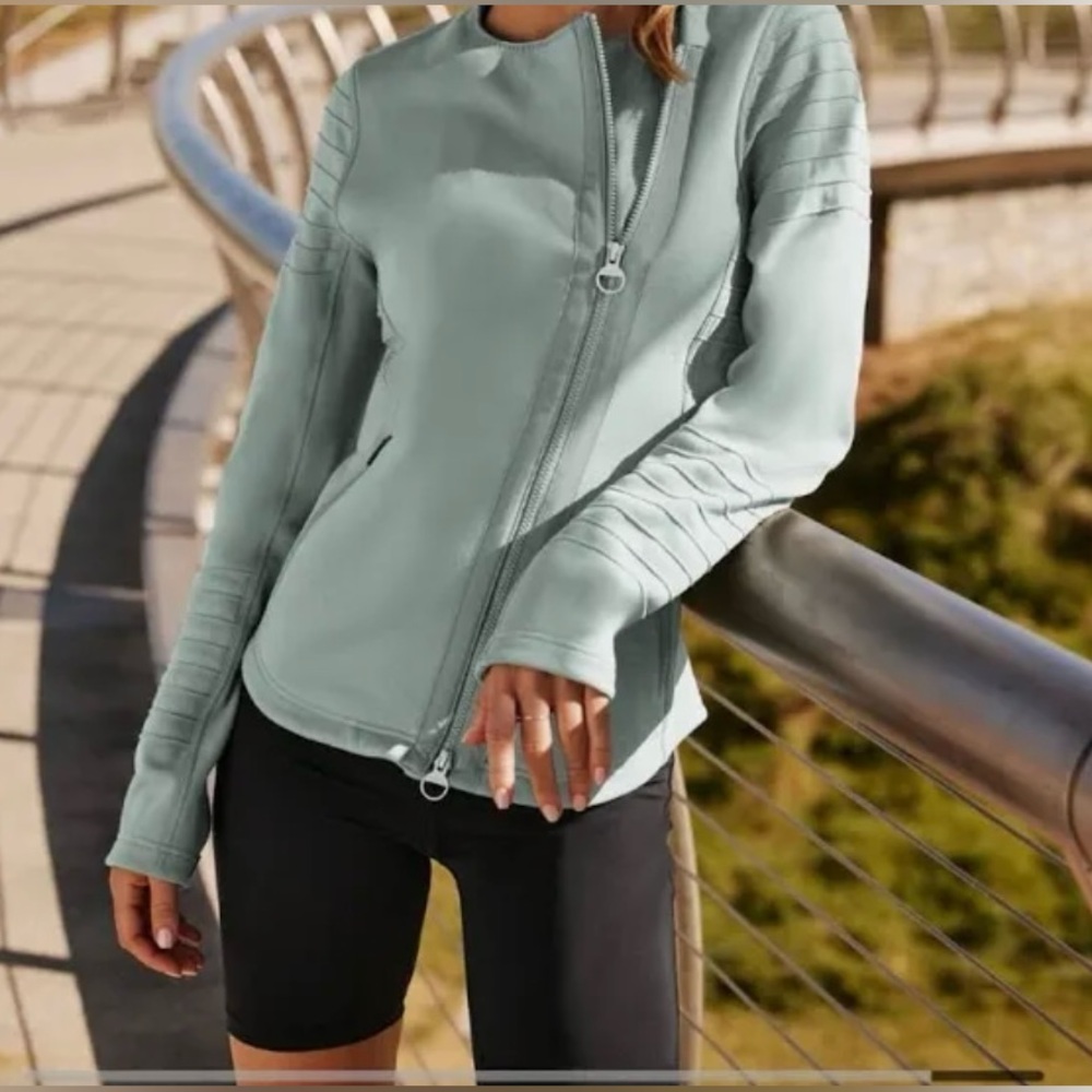 Athleta Moto Minimalistic jacket sweater Blue Grey Diagonal front zipper Size L